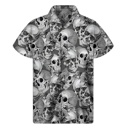 Monochrome Skull Flowers Pattern Print Men's Short Sleeve Shirt