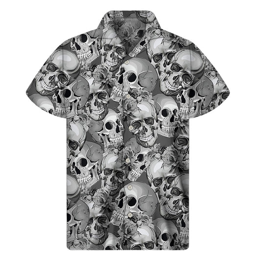 Monochrome Skull Flowers Pattern Print Men's Short Sleeve Shirt