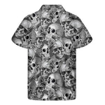 Monochrome Skull Flowers Pattern Print Men's Short Sleeve Shirt
