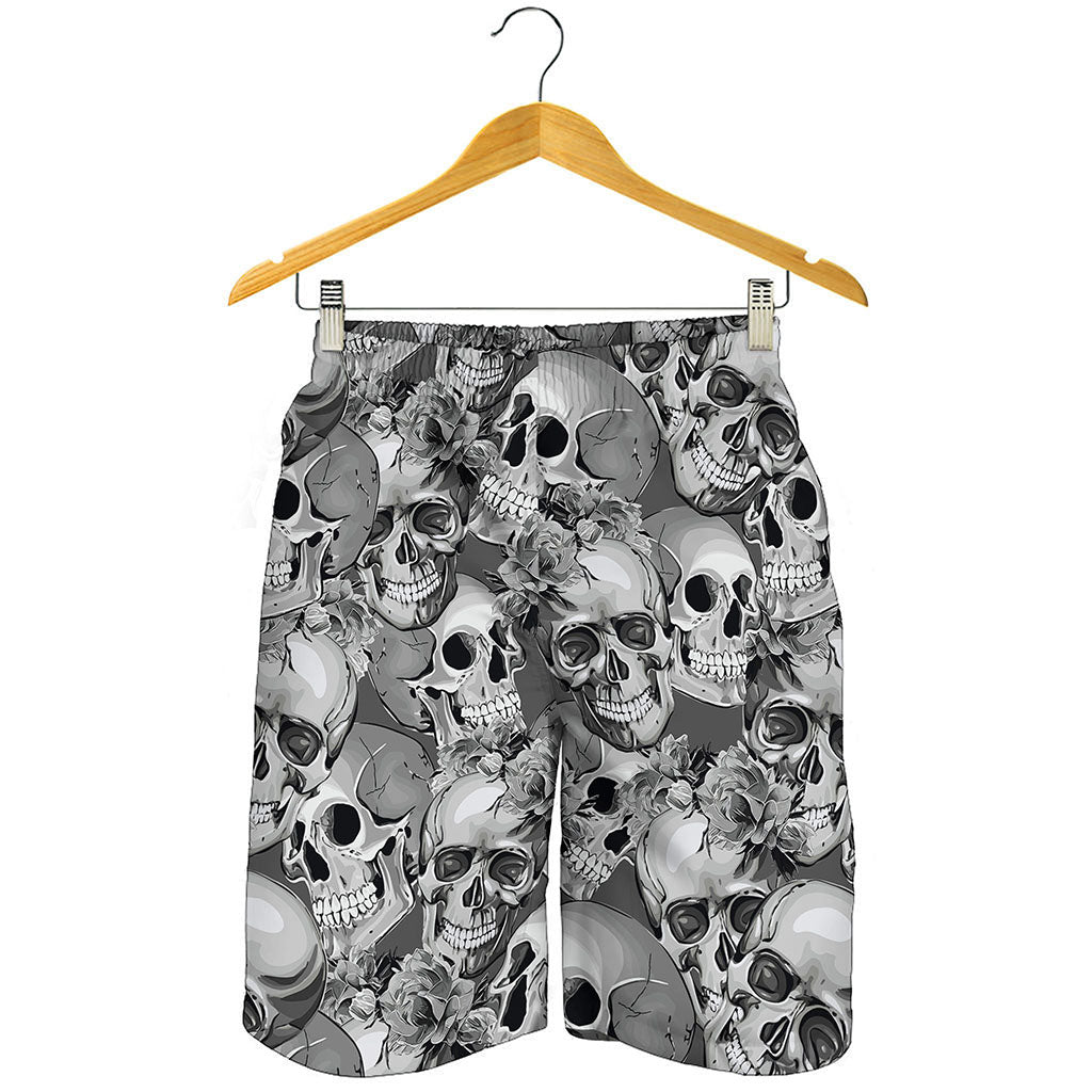 Monochrome Skull Flowers Pattern Print Men's Shorts