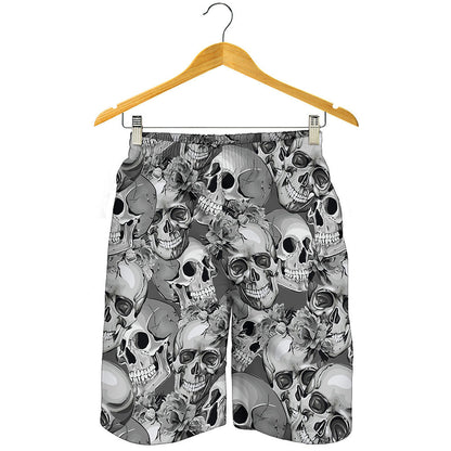 Monochrome Skull Flowers Pattern Print Men's Shorts