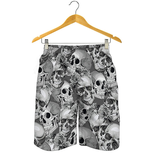 Monochrome Skull Flowers Pattern Print Men's Shorts