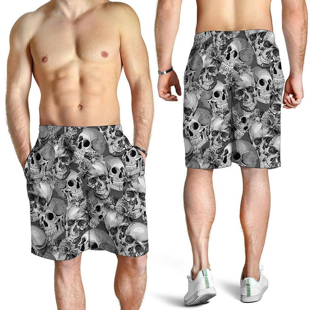 Monochrome Skull Flowers Pattern Print Men's Shorts