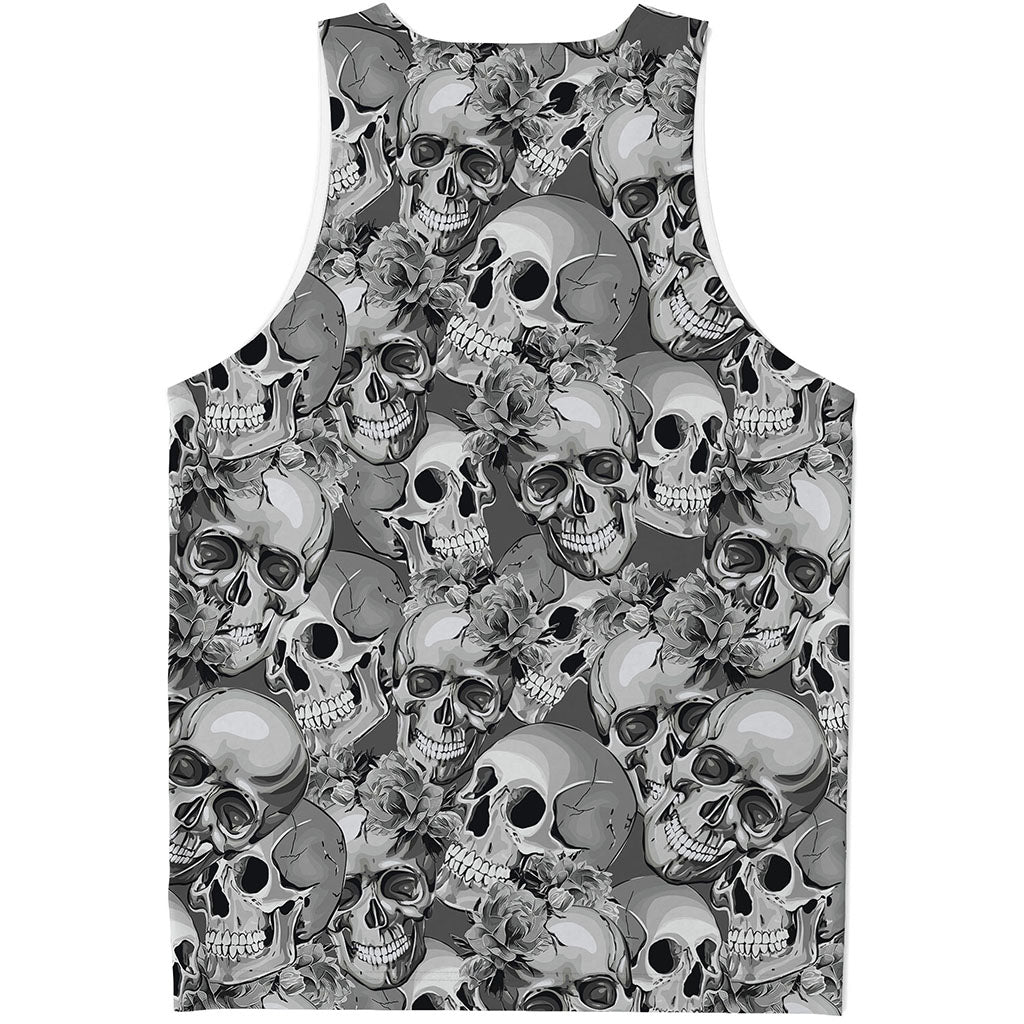 Monochrome Skull Flowers Pattern Print Men's Tank Top