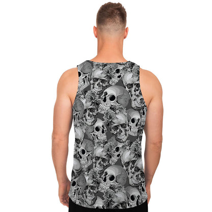 Monochrome Skull Flowers Pattern Print Men's Tank Top