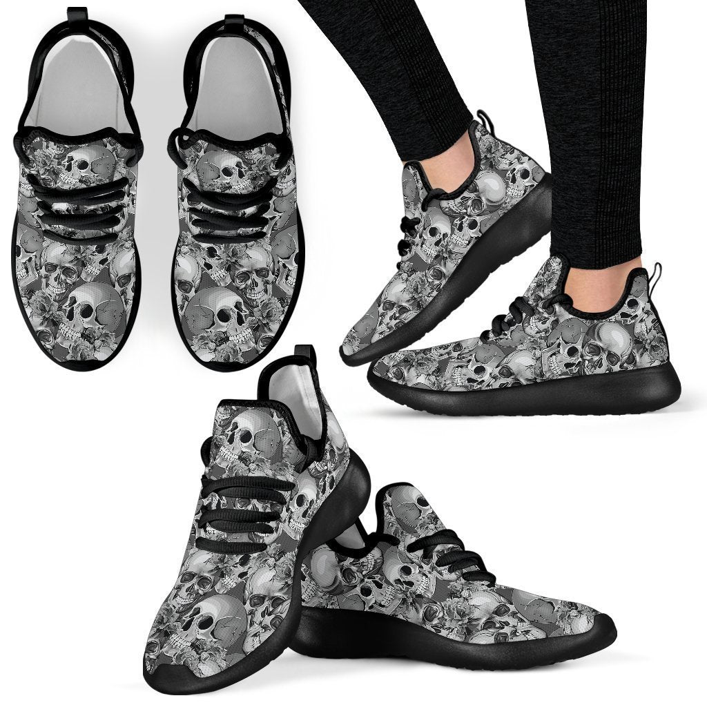 Monochrome Skull Flowers Pattern Print Mesh Knit Shoes GearFrost