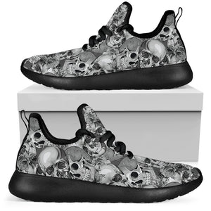 Monochrome Skull Flowers Pattern Print Mesh Knit Shoes GearFrost