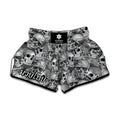 Monochrome Skull Flowers Pattern Print Muay Thai Boxing Shorts