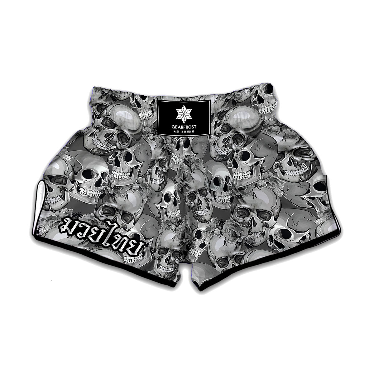 Monochrome Skull Flowers Pattern Print Muay Thai Boxing Shorts