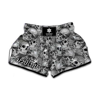 Monochrome Skull Flowers Pattern Print Muay Thai Boxing Shorts
