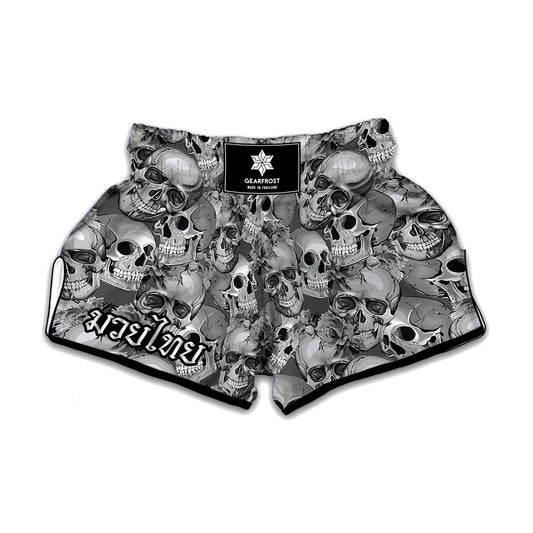 Monochrome Skull Flowers Pattern Print Muay Thai Boxing Shorts