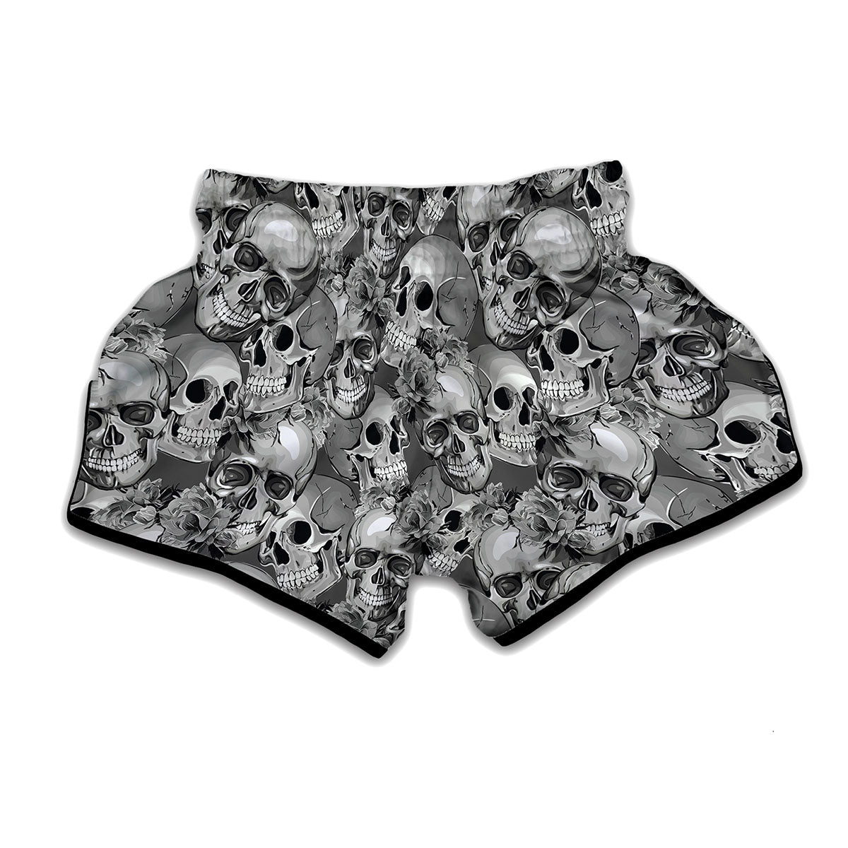 Monochrome Skull Flowers Pattern Print Muay Thai Boxing Shorts