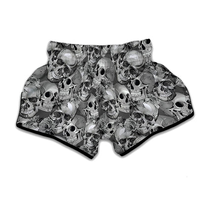 Monochrome Skull Flowers Pattern Print Muay Thai Boxing Shorts