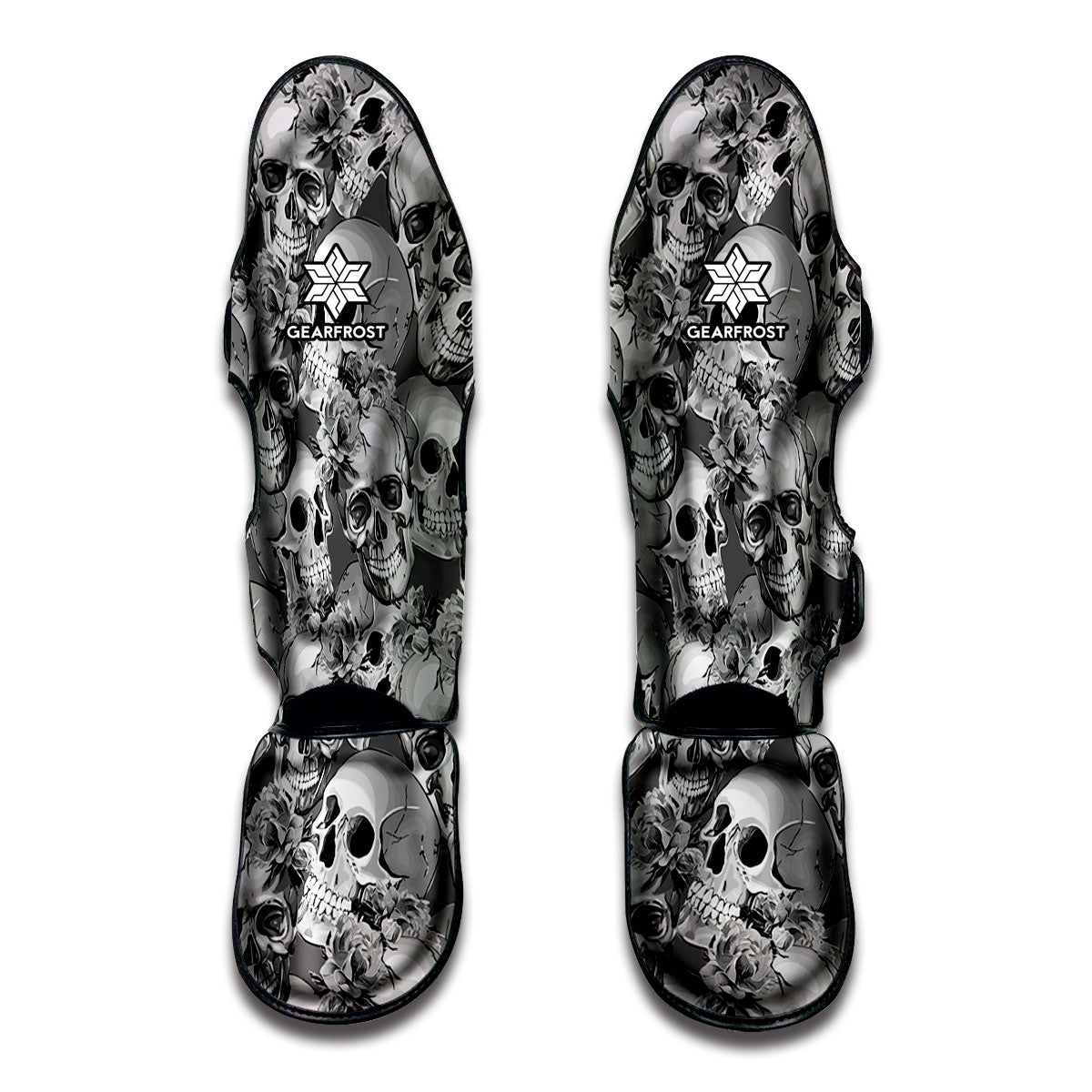 Monochrome Skull Flowers Pattern Print Muay Thai Shin Guard