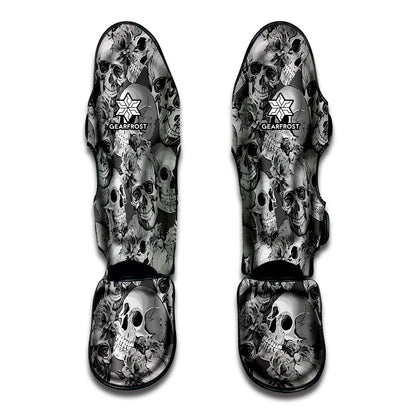 Monochrome Skull Flowers Pattern Print Muay Thai Shin Guard