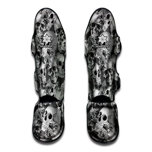 Monochrome Skull Flowers Pattern Print Muay Thai Shin Guard