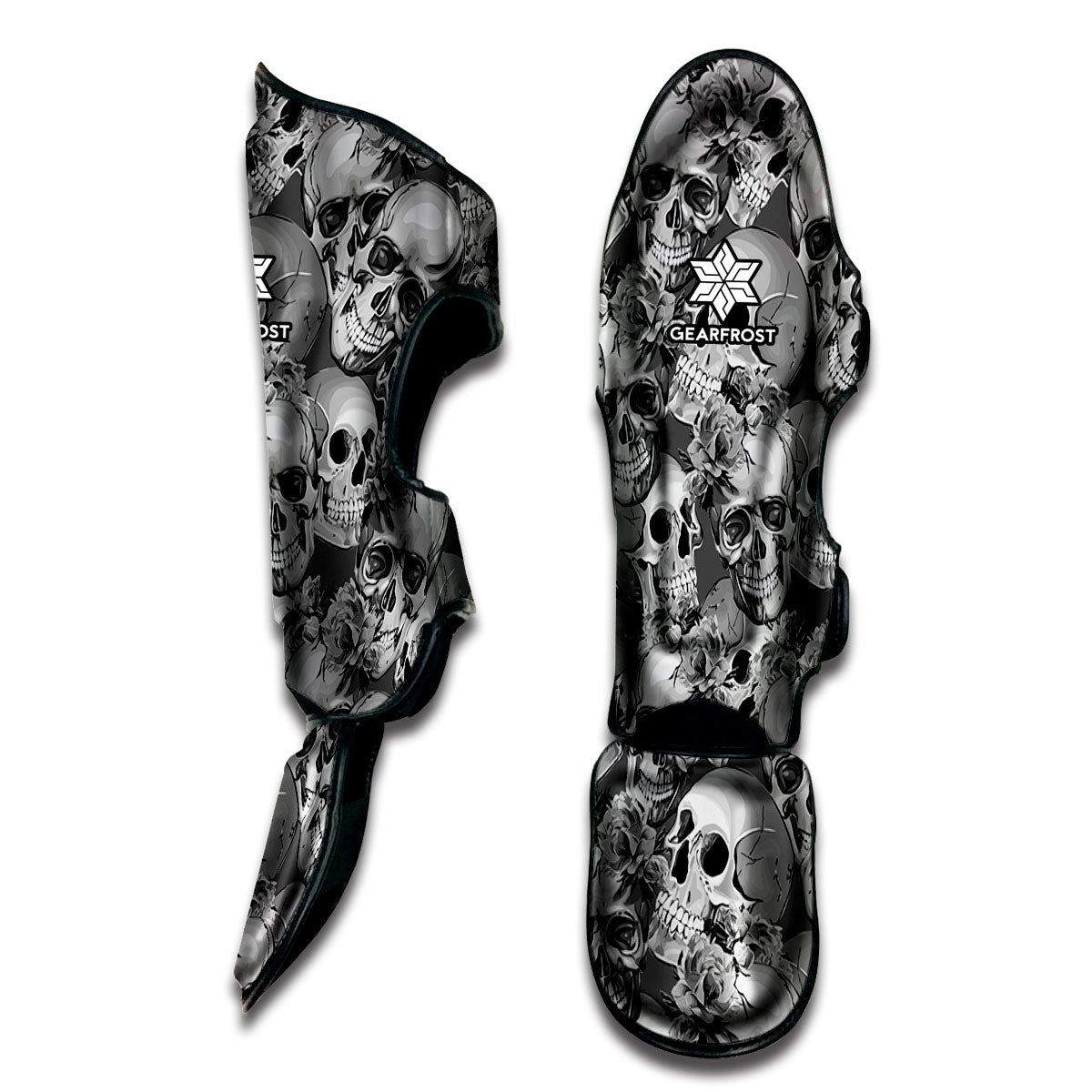 Monochrome Skull Flowers Pattern Print Muay Thai Shin Guard