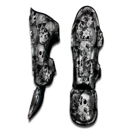 Monochrome Skull Flowers Pattern Print Muay Thai Shin Guard