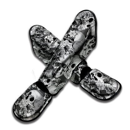 Monochrome Skull Flowers Pattern Print Muay Thai Shin Guard