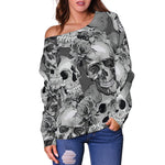Monochrome Skull Flowers Pattern Print Off Shoulder Sweatshirt GearFrost