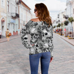 Monochrome Skull Flowers Pattern Print Off Shoulder Sweatshirt GearFrost