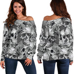 Monochrome Skull Flowers Pattern Print Off Shoulder Sweatshirt GearFrost