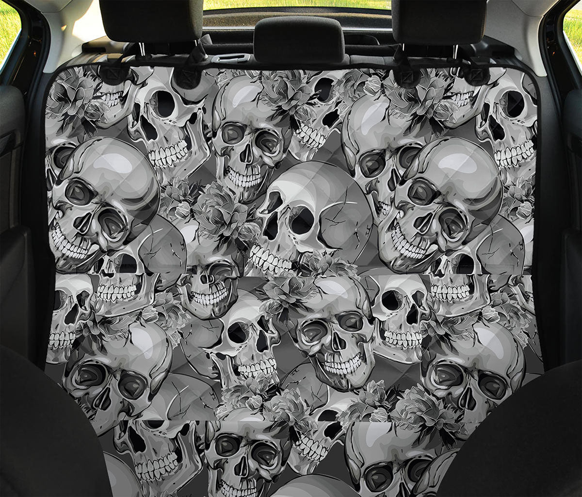 Monochrome Skull Flowers Pattern Print Pet Car Back Seat Cover