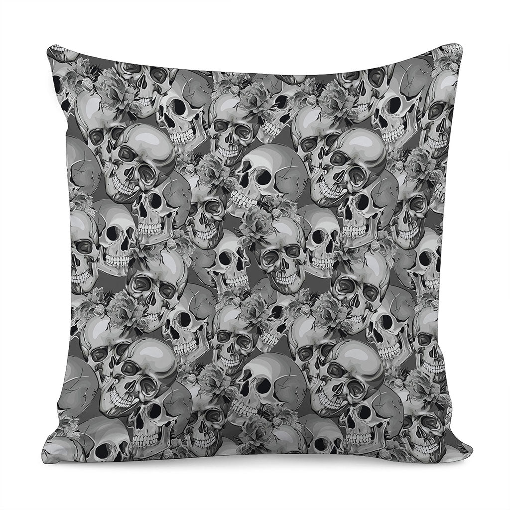 Monochrome Skull Flowers Pattern Print Pillow Cover