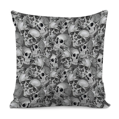 Monochrome Skull Flowers Pattern Print Pillow Cover