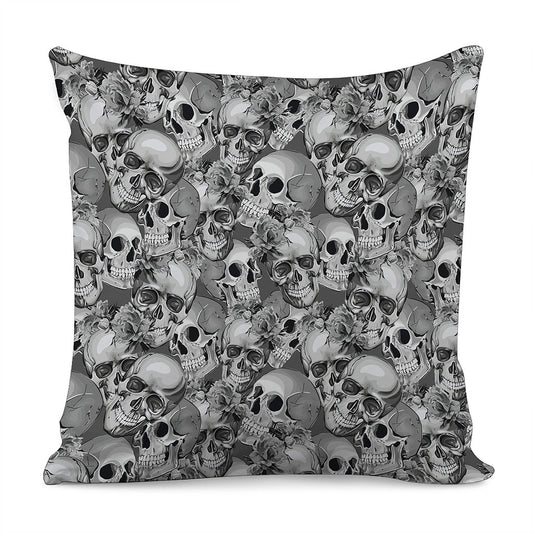 Monochrome Skull Flowers Pattern Print Pillow Cover