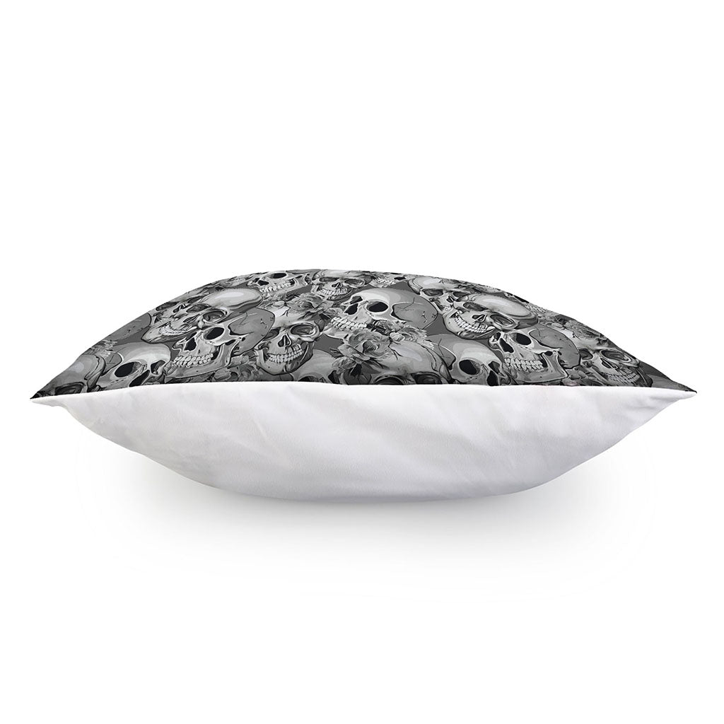 Monochrome Skull Flowers Pattern Print Pillow Cover