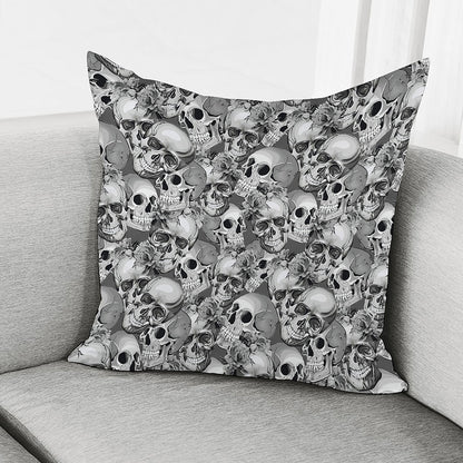 Monochrome Skull Flowers Pattern Print Pillow Cover