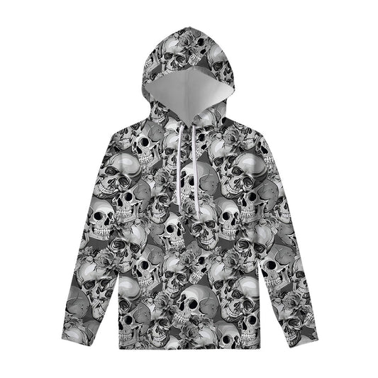 Monochrome Skull Flowers Pattern Print Pullover Hoodie