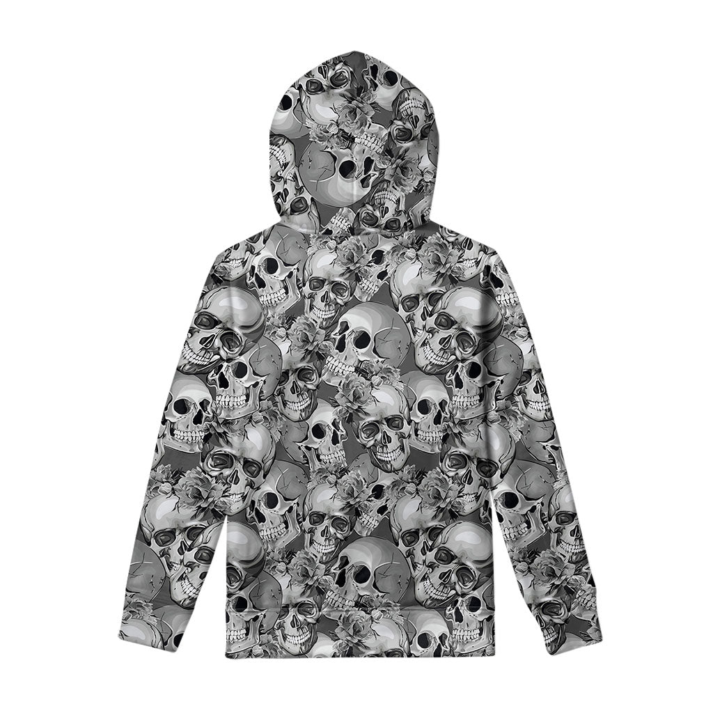 Monochrome Skull Flowers Pattern Print Pullover Hoodie