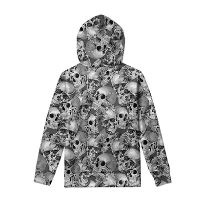 Monochrome Skull Flowers Pattern Print Pullover Hoodie