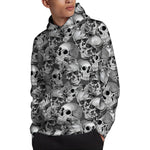 Monochrome Skull Flowers Pattern Print Pullover Hoodie