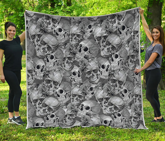 Monochrome Skull Flowers Pattern Print Quilt