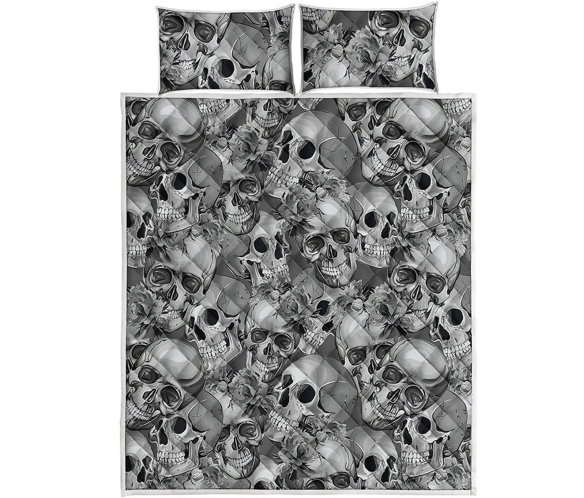 Monochrome Skull Flowers Pattern Print Quilt Bed Set