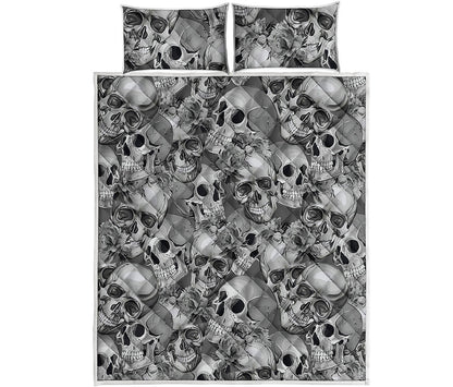 Monochrome Skull Flowers Pattern Print Quilt Bed Set