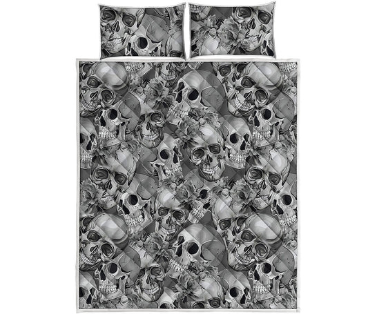 Monochrome Skull Flowers Pattern Print Quilt Bed Set