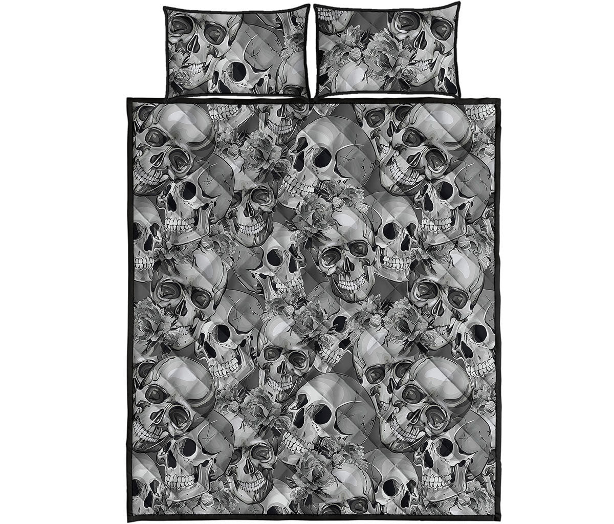Monochrome Skull Flowers Pattern Print Quilt Bed Set