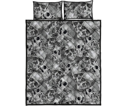 Monochrome Skull Flowers Pattern Print Quilt Bed Set