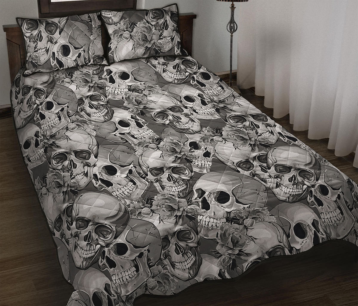 Monochrome Skull Flowers Pattern Print Quilt Bed Set