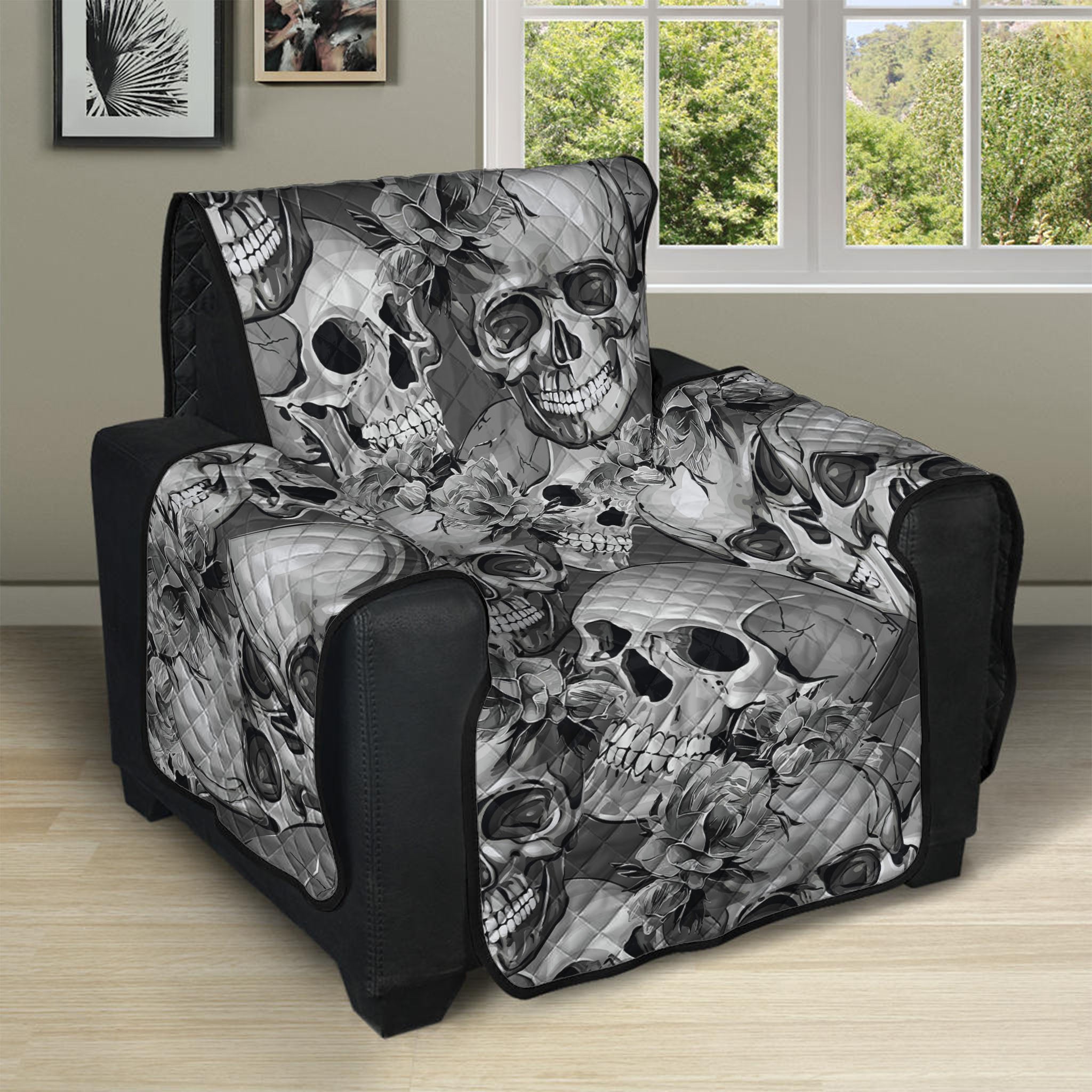 Monochrome Skull Flowers Pattern Print Recliner Protector