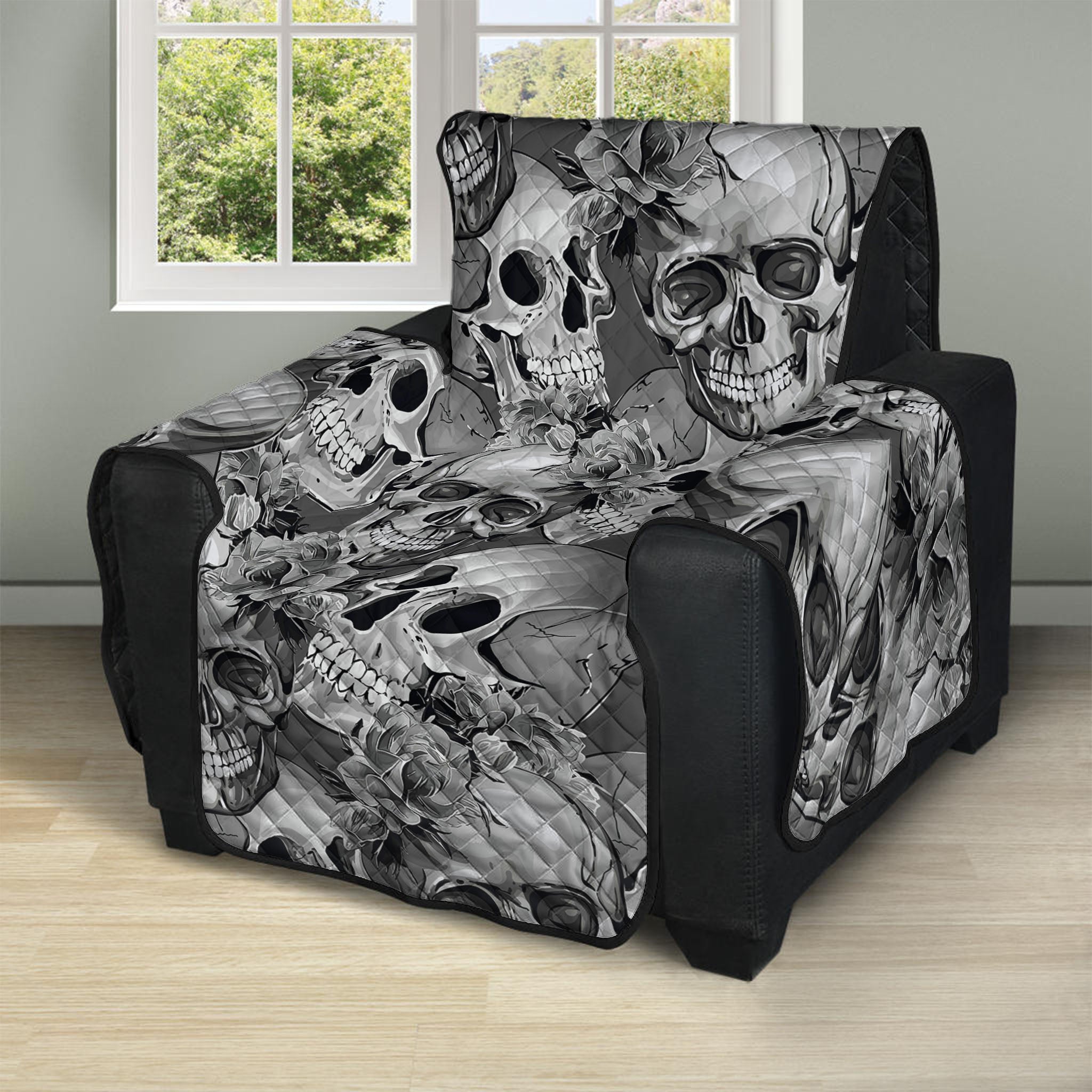 Monochrome Skull Flowers Pattern Print Recliner Protector