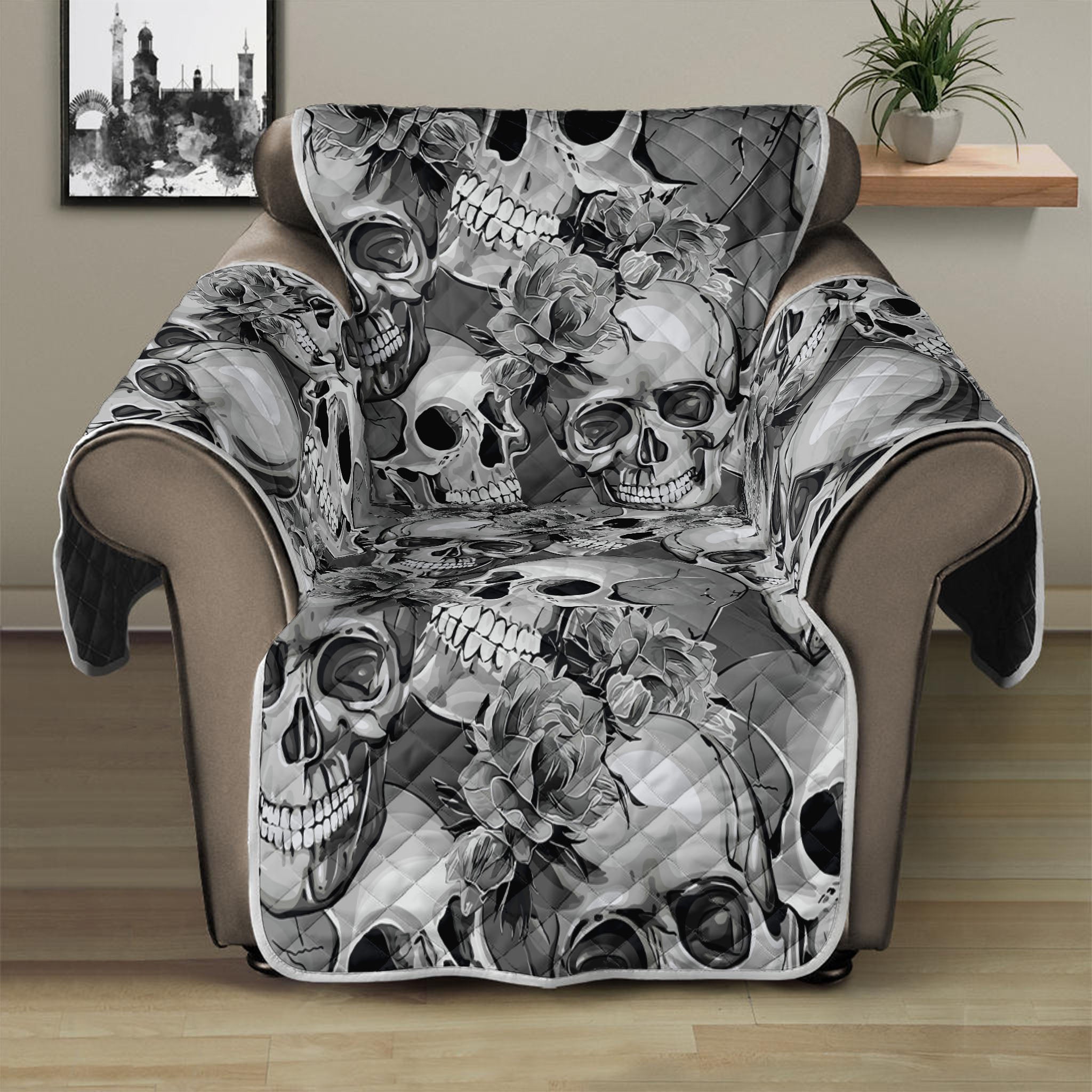 Monochrome Skull Flowers Pattern Print Recliner Protector