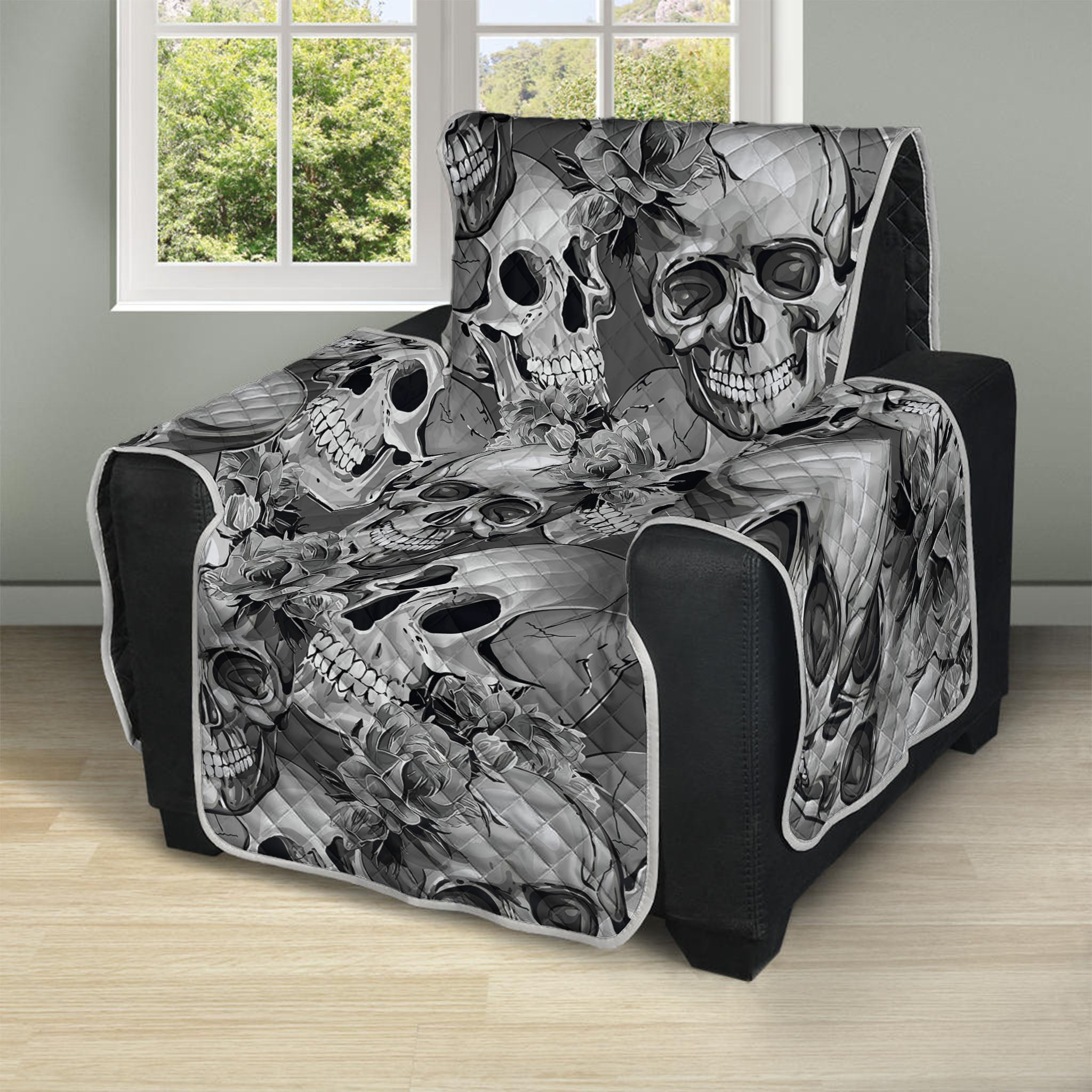 Monochrome Skull Flowers Pattern Print Recliner Protector