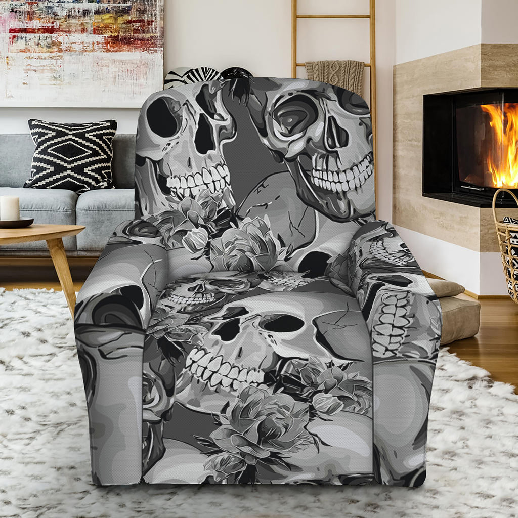 Monochrome Skull Flowers Pattern Print Recliner Slipcover