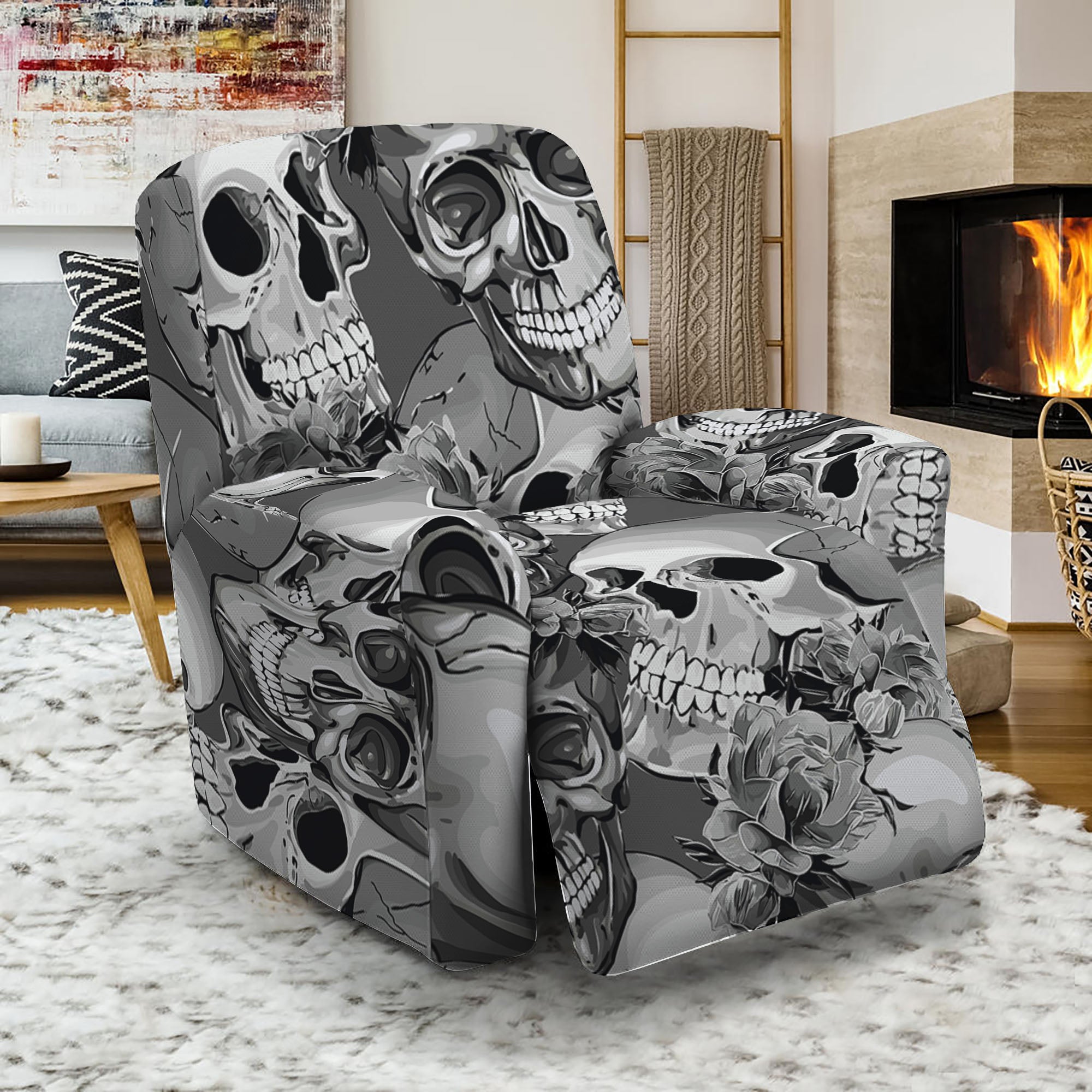 Monochrome Skull Flowers Pattern Print Recliner Slipcover