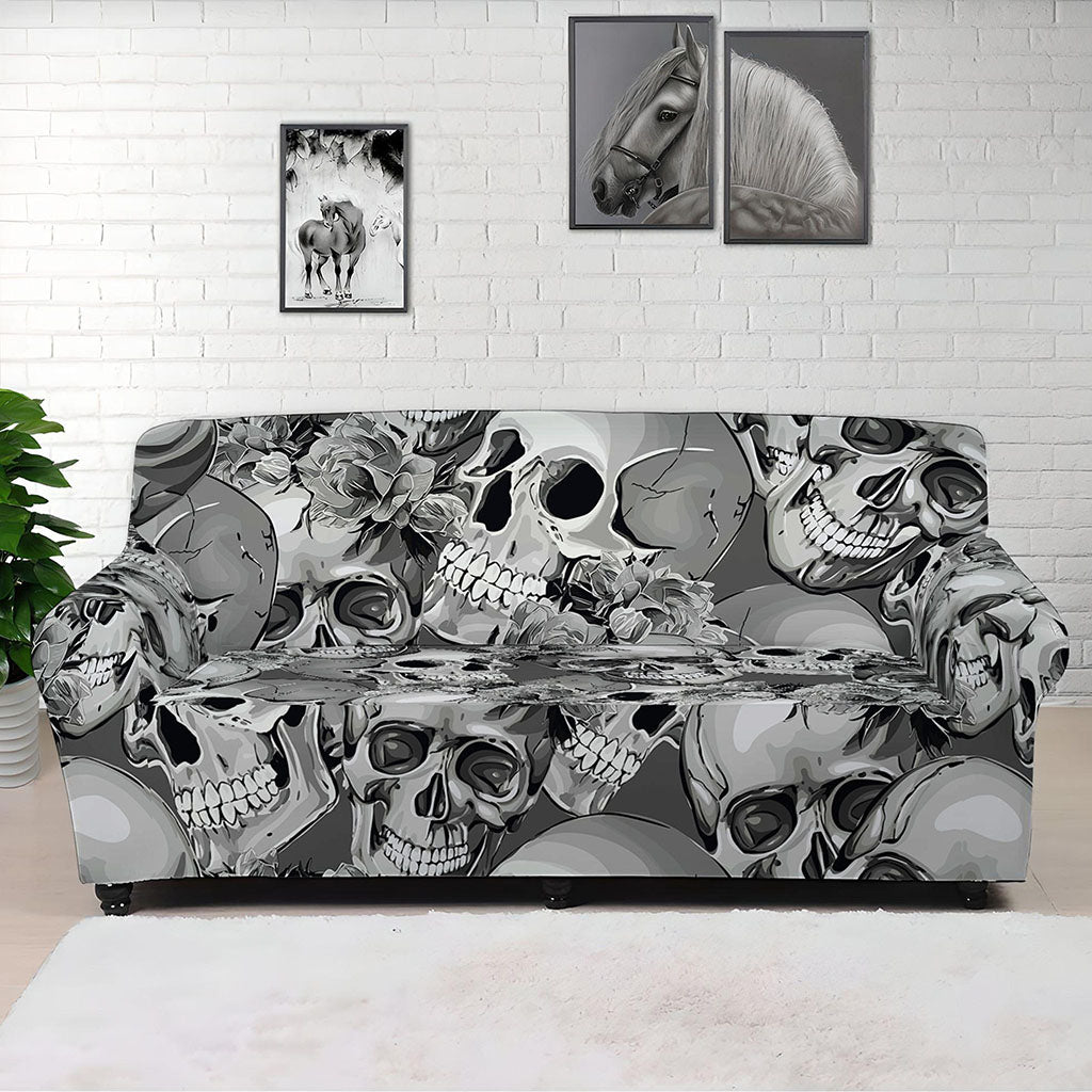 Monochrome Skull Flowers Pattern Print Sofa Cover